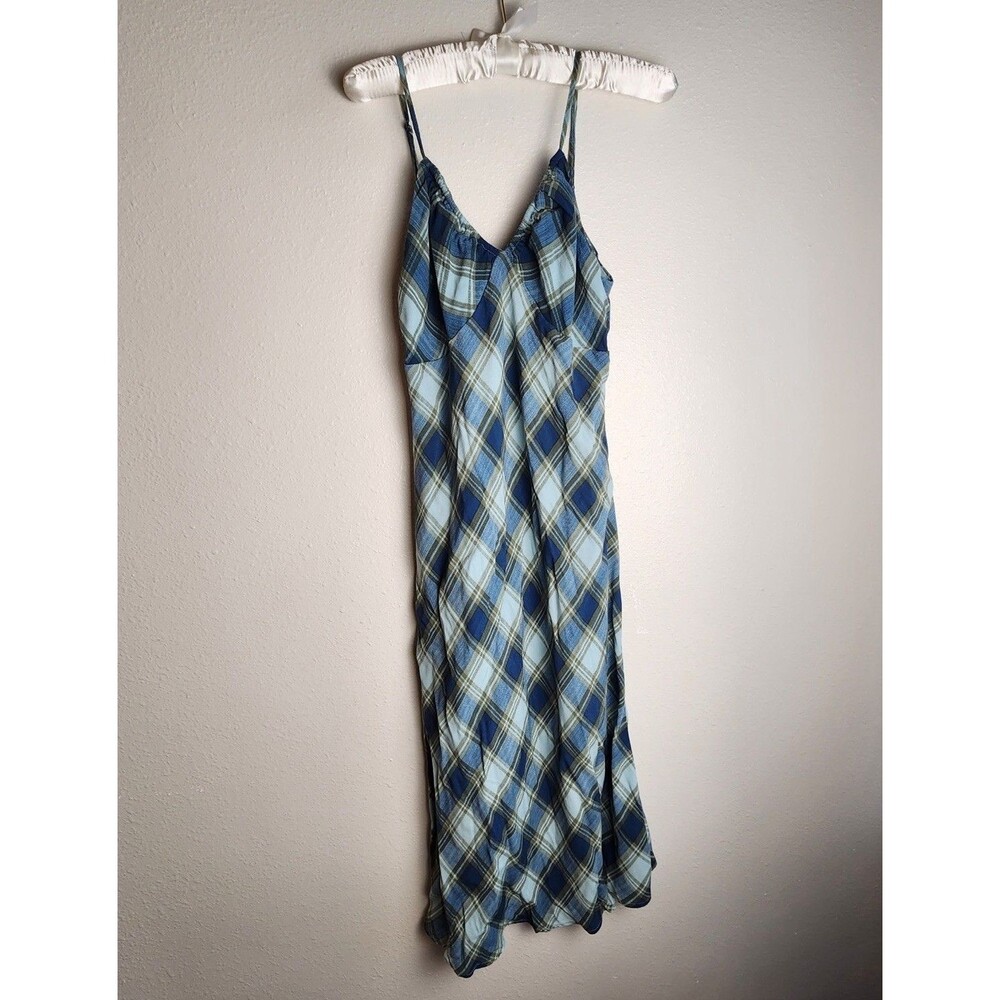 Y2K Cottagecore Blue Plaid Babydoll Midi Dress Large Spaghetti Strap Wild Fable